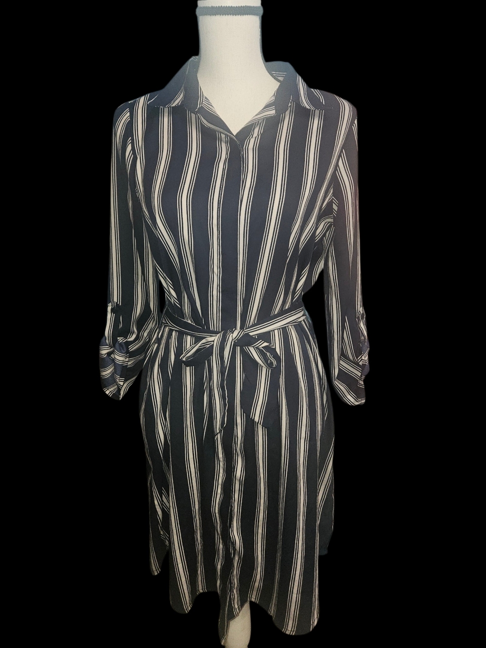Striped Navy and White Shirt Dress with Tie Waist